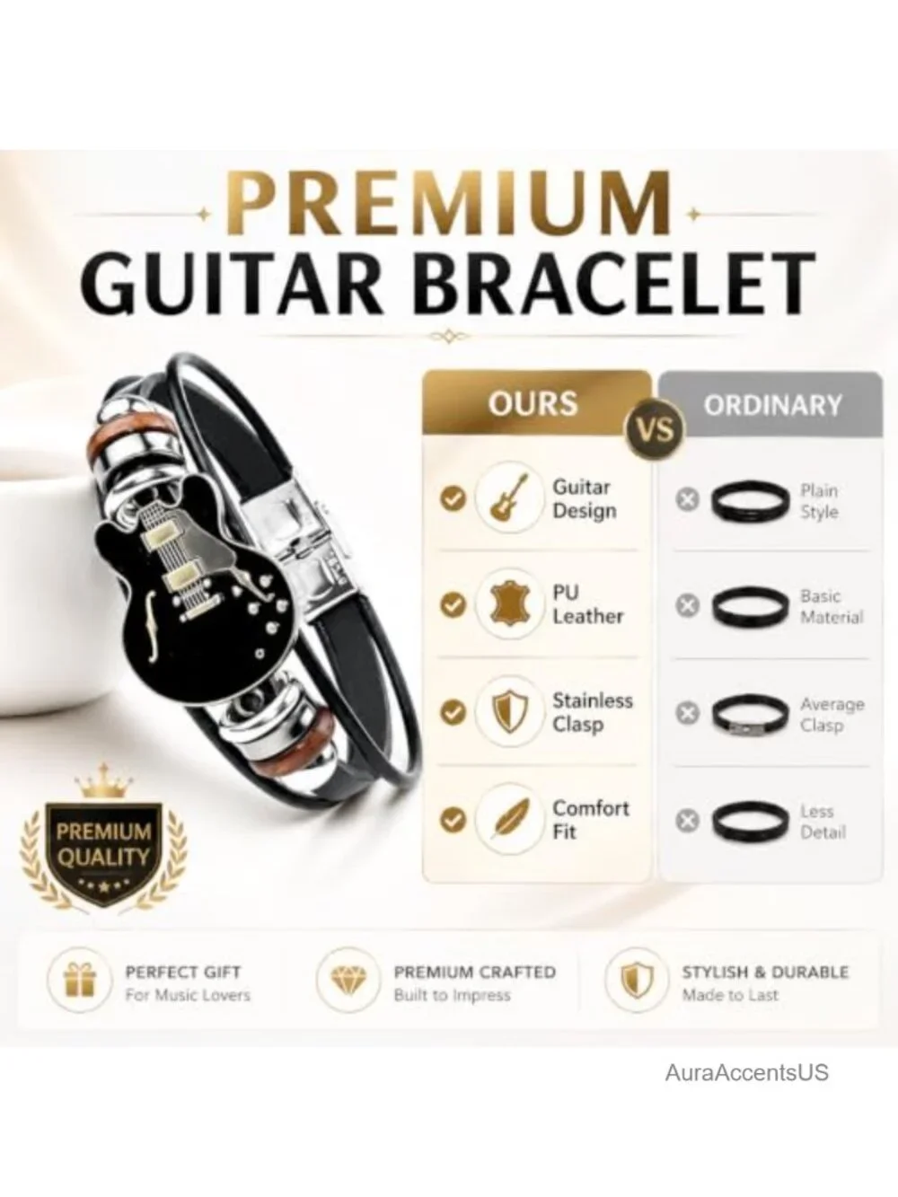 Multilayer Leather Bracelet with Guitar Charm for Men Women Unisex Music Rock